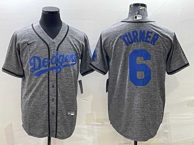 Mens Los Angeles Dodgers #6 Trea Turner Grey Gridiron Cool Base Stitched Baseball Jersey